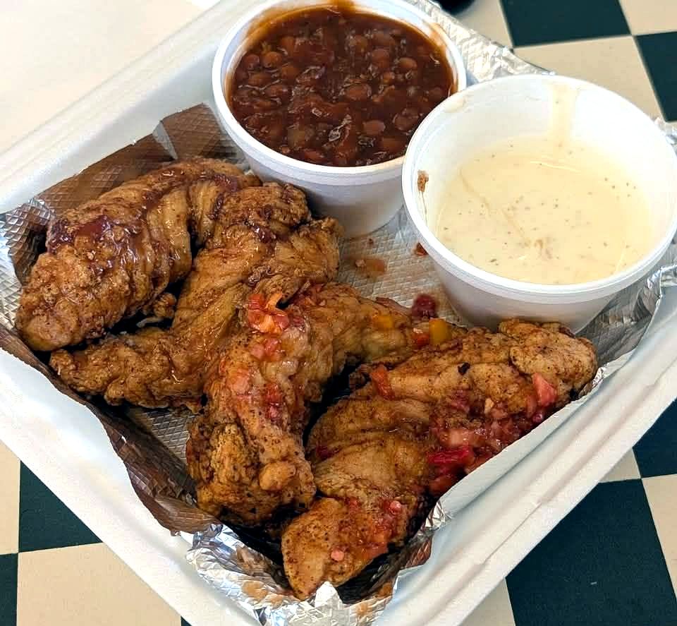 Strawberry habanero tenders with baked beans and ranch